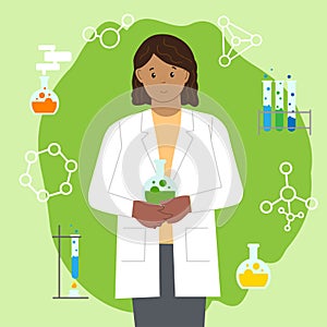Dark-skinned girl chemist with a pointer. International Day of Women and Girls in Science. Flat style. Set icon for the chemist. photo