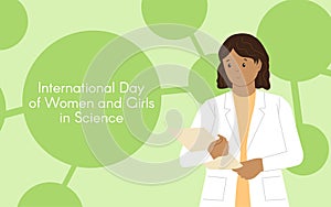 Dark-skinned girl chemist with a folder. International Day of Women and Girls in Science.  Illustration. Flat style. Abstract photo
