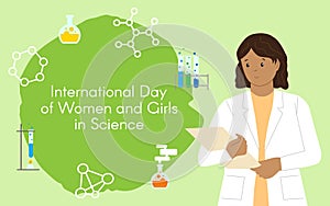 Dark-skinned girl chemist with a folder. International Day of Women and Girls in Science.  Illustration. Flat style. Abstract photo