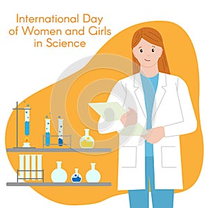 Woman chemist with a folder. International Day of Women and Girls in Science. Woman chemist. Flat style. Set of icons. photo