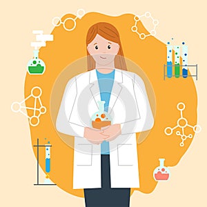 Woman chemist with a test tube. International Day of Women and Girls in Science. Woman chemist.  Flat style. Set icon. photo