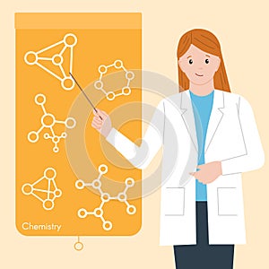Woman chemist with a pointer. International Day of Women and Girls in Science. Woman chemist. Illustration. Flat style. Isolated. photo