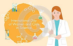 Woman chemist with a folder. International Day of Women and Girls in Science. Woman scientist. Flat style. Abstract photo