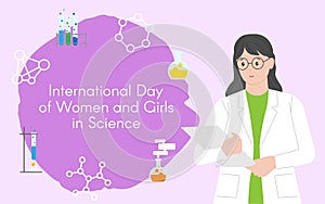 Woman chemist with a folder. International Day of Women and Girls in Science. Woman scientist. Flat style. Set of icons. photo