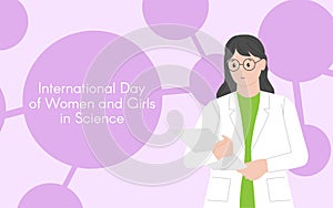 Woman chemist with a folder. International Day of Women and Girls in Science. Woman chemist. Woman scientist.Flat style. Abstract photo