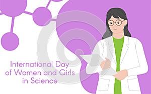 Woman chemist with a folder. International Day of Women and Girls in Science. Flat style. Abstract isolated background photo