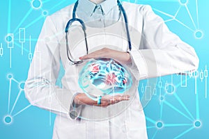 Doctor demonstrating digital image of human brain on blue background, closeup. Machine learning