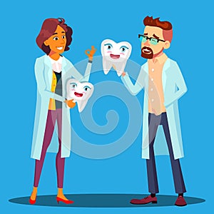 Doctor Dentist Holding A Smiling Tooth, Man And Woman In White Coat Vector. Isolated Cartoon Illustration