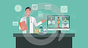 Doctor diagnose his patients via video conferencing on the computer