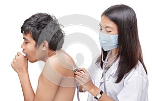 Doctor diagnosing coughing patient