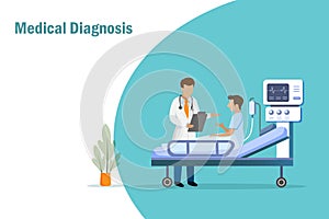 Doctor diagnosis and give consultation to patient at hospital bed. Medical, healthcare and health insurance concept