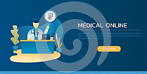 The doctor and diagnosis Online treatment banner web concept blue background.