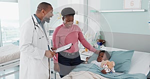 Doctor, discussion with child in hospital bed, results and news in conversation or talk on healthcare. Medical