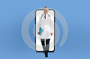 Doctor displayed on smartphone screen, symbolizing modern telehealth services