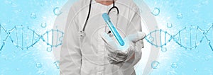 Doctor with dna 3d illustration.scientist in gloves holds a blue dna.banner for advertising stem cell treatment, genetic