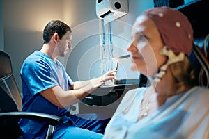 Doctor Doing Brain Medical Exam On Old Woman In Hospital