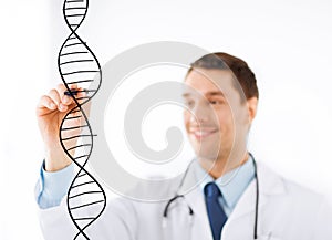 Doctor drawing dna molecule on virtual screen