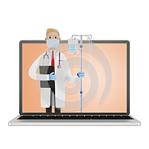Doctor with dropper on the laptop screen. Toxicology, intoxication, decontamination. Internet doctor.