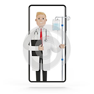 Doctor with a dropper in the smartphone screen. Toxicology, intoxication, decontamination. Online doctor.
