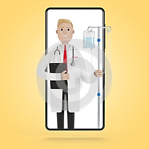 Doctor with a dropper in the smartphone screen. Toxicology, intoxication, decontamination. Online doctor.