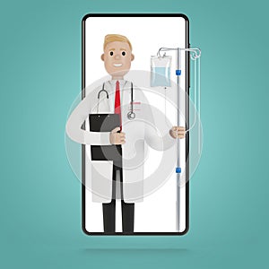 Doctor with a dropper in the smartphone screen. Toxicology, intoxication, decontamination. Online doctor.