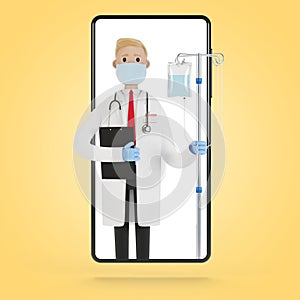 Doctor with a dropper in the smartphone screen. Toxicology, intoxication, decontamination. Online doctor.