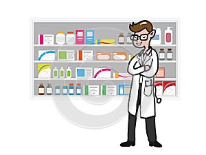 Doctor and drug shelf cartoon