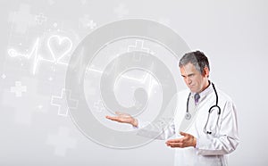 Doctor examinates heartbeat with abstract heart photo