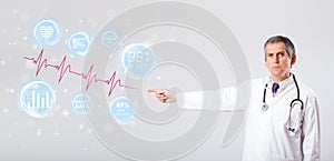 Doctor examinating modern heartbeat graphics