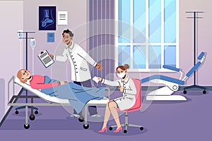 Doctor examination. Patient visit, good medical prognosis, hospital office, woman lying couch, treatment and recovery, clinic photo