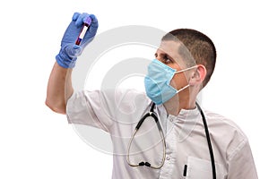 Doctor examine blood tube isolated on white background