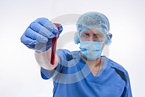 Doctor examine blood tube isolated on white background