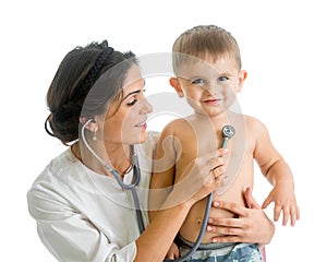 Doctor examining child boy isolated on white