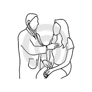 Doctor examining heartbeat of patient in hospital vector illustration sketch hand drawn with black lines, isolated on white