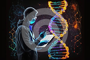 Doctor Examining Human Chromosome DNA Genetics with Tablet on Virtual Interface