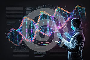 Doctor Examining Human Chromosome DNA Genetics with Tablet on Virtual Interface