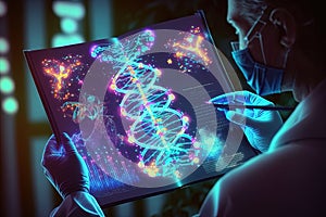 Doctor Examining Human Chromosome DNA Genetics with Tablet on Virtual Interface