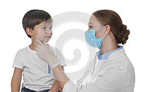 Doctor examining little boy with chickenpox on background. Varicella zoster virus