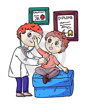 Doctor examining little boy patient at hospital