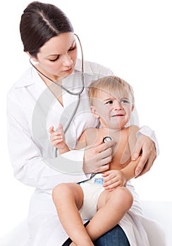 A doctor is examining a little crying patient