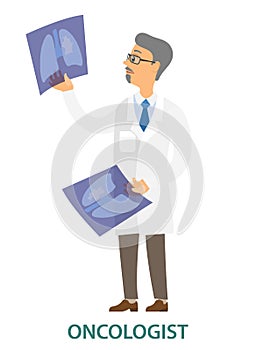 Doctor examining a lung radiography vector illustration. Oncologist holding X-ray picture of patient