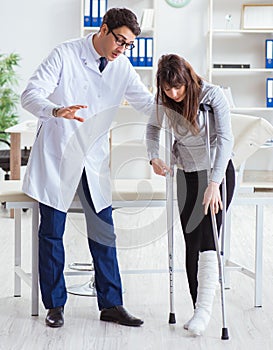 Doctor examining patient with broken leg