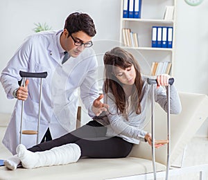 Doctor examining patient with broken leg