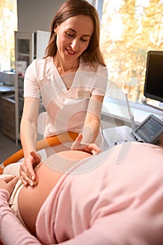 Doctor examining pregnant belly for baby and mother healthcare check up