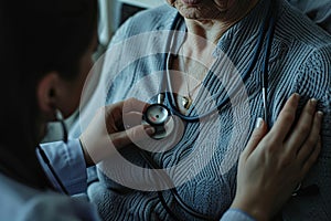 Doctor examining senior woman patient with stethoscope. Health care and medical service