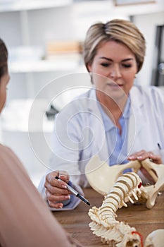 Doctor explaining anatomical spine to patient