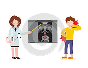 Doctor explaining the results of a CT scan of the spine to his man patient suffering with low back pain, Vector flat icon cartoon