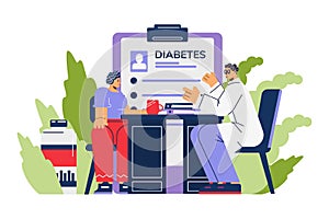 Doctor explains dietary and medical rules for diabetes to a patient, flat vector.