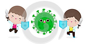 Doctor fight with coronavirus 2019-nCoV, cartoon character cute doctor attack COVID-19, Protection Against Viruses and Bacteria