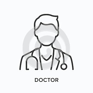 Doctor flat line icon. Vector outline illustration of male physician in coat with stethoscope. Medic specialist avatar